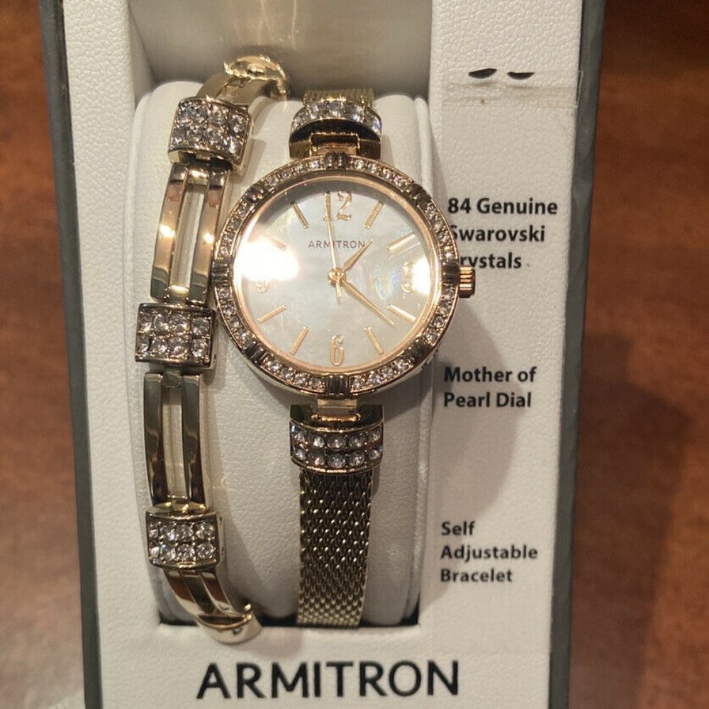 Armitron Women's 75/5548MPGPST Crystal Accented Gold-Tone Mesh Watch & Bracelet